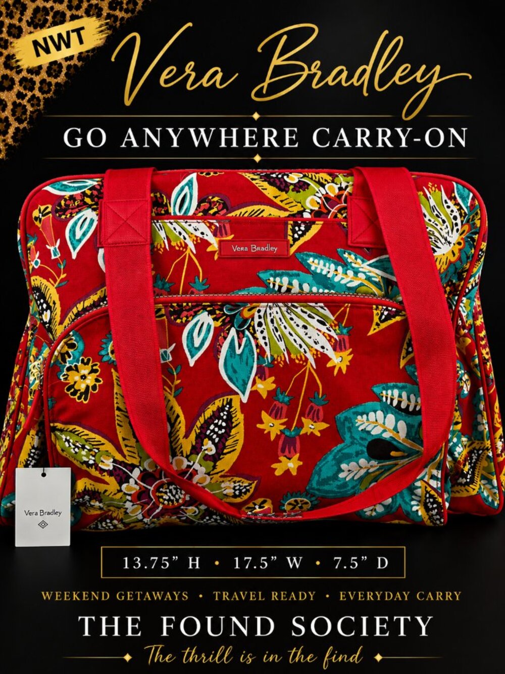 NWT Vera Bradley Go Anywhere Carry-On Travel Tote Weekender Bag Rumba
